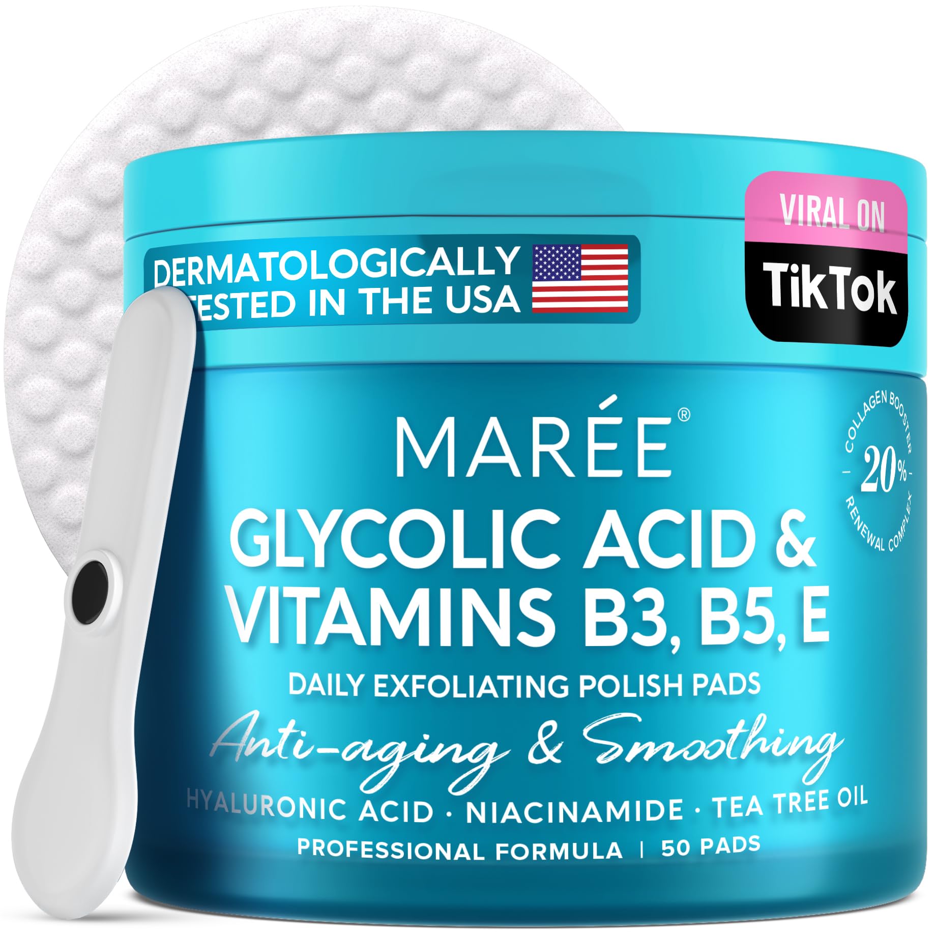 MAREE Glycolic Acid Pads - Toner Pads for Face Cleansing - Tea Tree Oil Salicylic Acid & Vitamins E B3 B5 - Facial Peel & Radiance Deep Cleaning Effect - 50 Pads