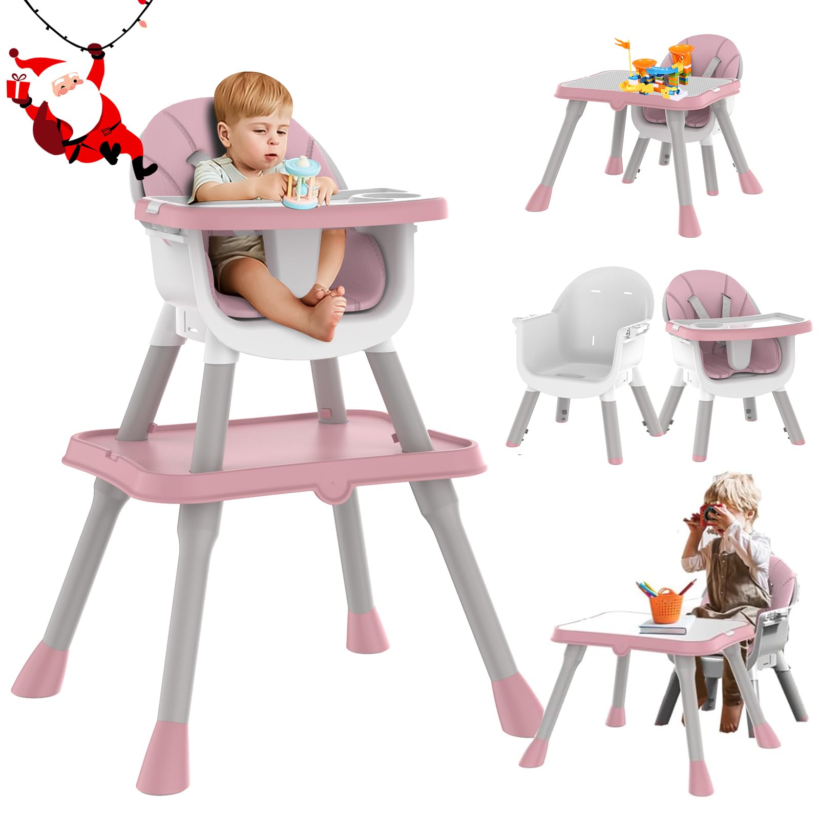Baby High Chair 8 and 1 Portable High Chair with 2 Dinner Plates Baby Feeding Chair with Toddler Table Toddler Chair with Building Blocks Convertible Highchair with PU for 6-36 Babies