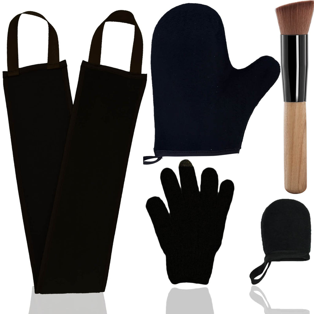5 Piece Self Tanning Mitt Applicator Set with Self Tan Glove Tanning Back Lotion Applicator Tanning Brush Tan Face Mitt Exfoliating Glove for Self Sunless Tanning Tan (black)