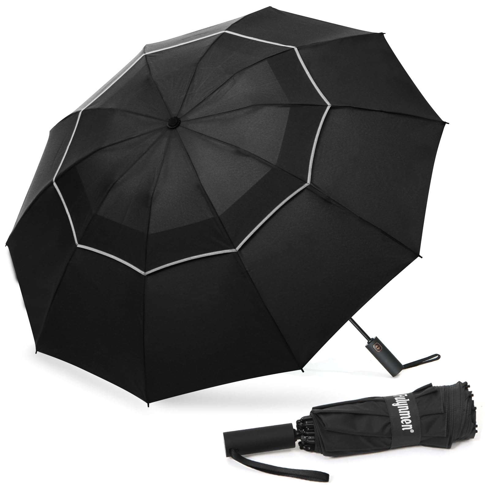 Fulynmen 62 Inch Large Travel Compact Umbrella Windproof Golf Umbrella Big Inverted Umbrellas for Rain with 10 Ribs Double Canopy Vented Automatic Open Close Reflective Stripe Black