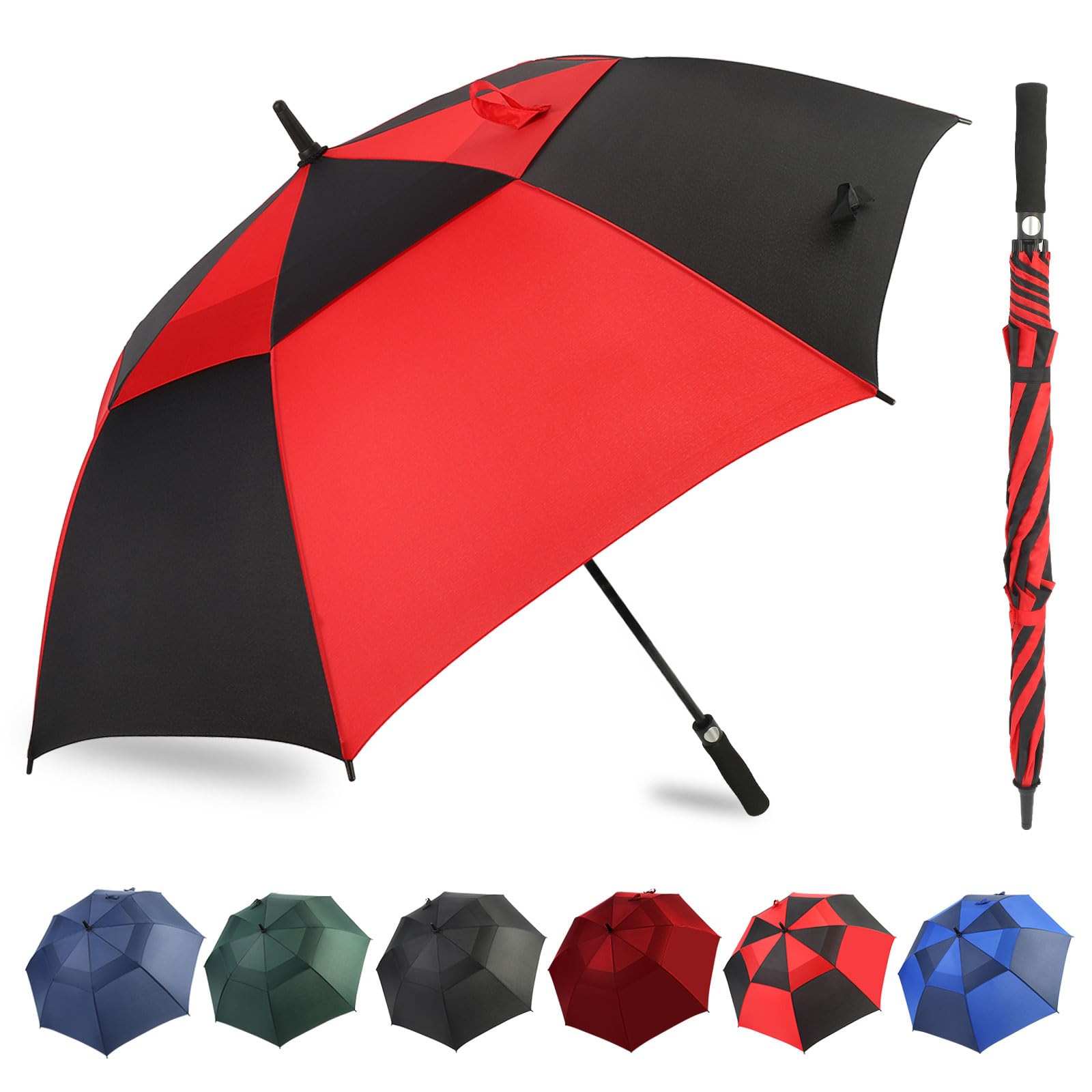 ZDSSM Umbrella Golf 54/62/68/72 Inch Extra Large Oversize Umbrellas for Rain Windproof Automatic Open Double Canopy Vented Stick Umbrellas for Men and Women(Black/Red 54 Inch)