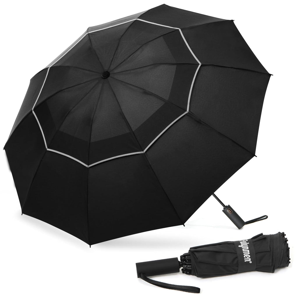 Fulynmen 62 Inch Large Travel Compact Umbrella Windproof Golf Umbrella Big Inverted Umbrellas for Rain with 10 Ribs Double Canopy Vented Automatic Open Close Reflective Stripe Black