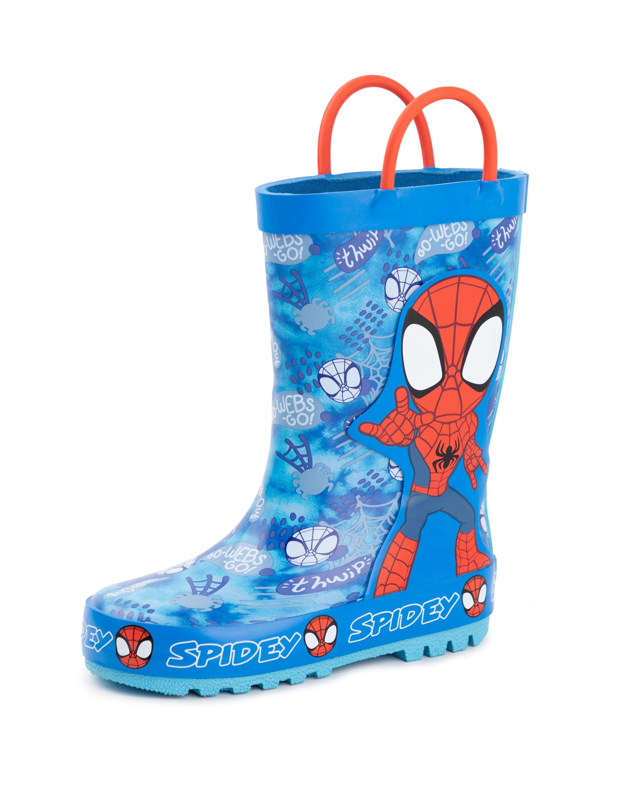 Marvel Spiderman Boys Wellington Boots | Kids Handle Wellies with Spiderman Character and Web Print in Blue and Red | Water Resistant Pull On Rubber Boots for Children | Animation Movie Merchandise